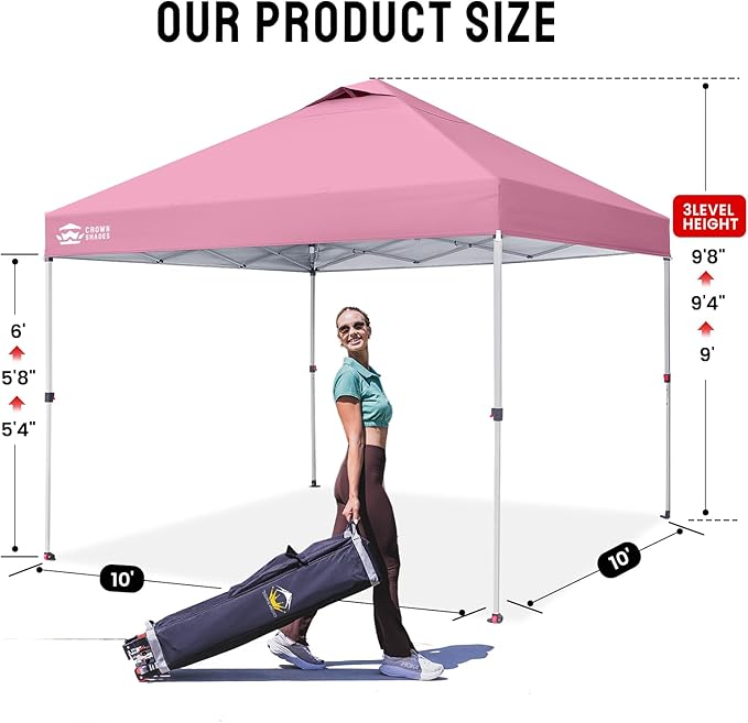 CROWN SHADES 10x10 Pop Up Canopy - Beach Tent with One Push Setup - Easy Outdoor Sun Shade for Events, Parties, Camping - Gazebo with STO-N-Go Cover Bag, Silver Coated Top, Pink