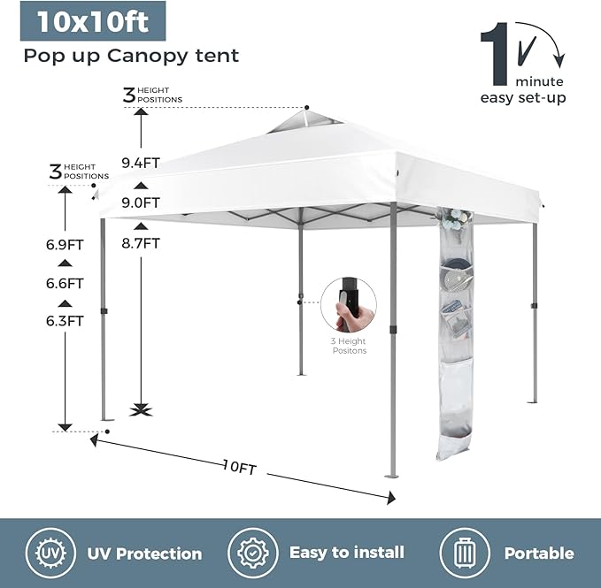 GREEN PARTY 10x10 ft Pop Up Canopy Tent, 1-Person Setup Instant Outdoor Canopy with Vented Top, Wheeled Carry Bag, 4 Ropes & 4 Sandbag -White