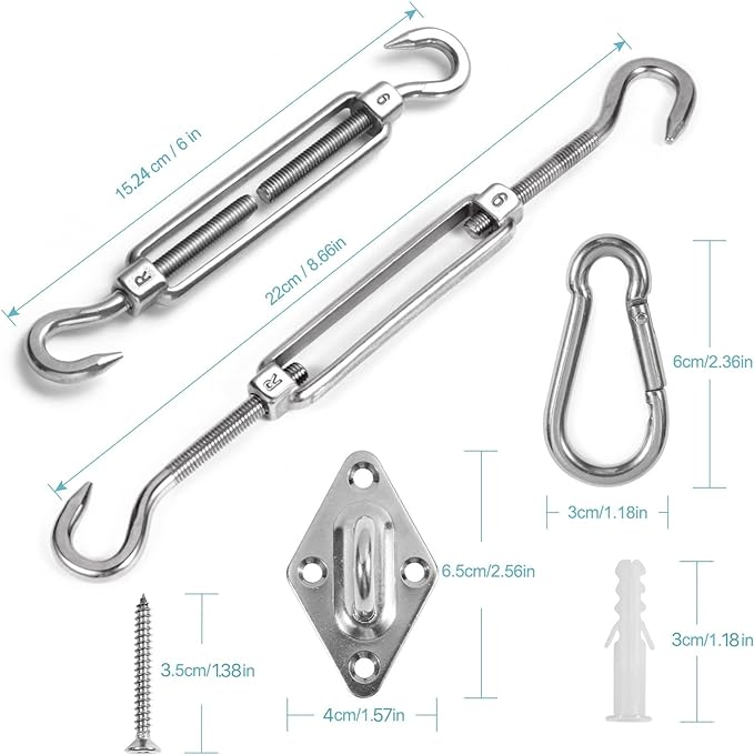 HOMPER Awning Attachment Set, Heavy Duty Sun Shade Sail Stainless Steel Hardware Kit for Garden Triangle and Square, Rectangle, Fixing Accessories