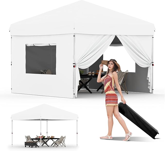 10X10 Pop Up Canopy Tent with 4 Sidewalls, Heavy Duty Commercial Instant Shelter, One-Person Quick Setup Outdoor Party Tent, Water-Resistant & Portable for Outdoor Events, Camping, White