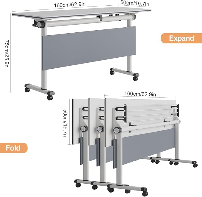 61 INCH Conference Table with Folding Flip Top – Mobile Desk with Locking Wheels for Office, Seminar, and Collaborative Use