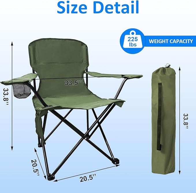 Folding Camping Chair, 225lb Capacity, Includes Cup Holder & Side Storage Bag, 5.5lbs Portable for Beach, Camping, Sport,2PCS Green