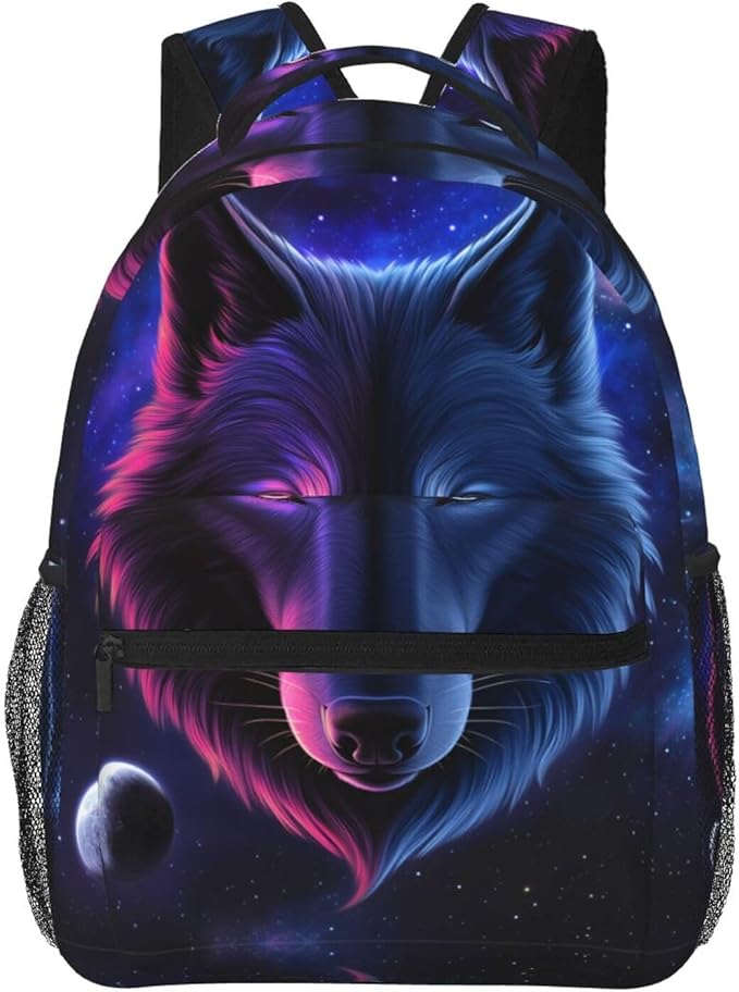 Daypack Backpack Anti-Theft Multipurpose Big Capacity Bookbag, Pink And Blue Cool Wolf Moon Art Business Computer Bag With Side Pockets