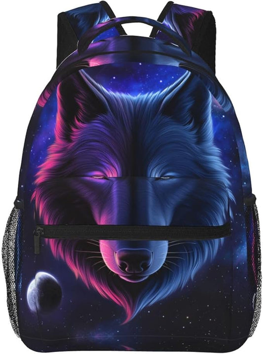 Daypack Backpack Anti-Theft Multipurpose Big Capacity Bookbag, Pink And Blue Cool Wolf Moon Art Business Computer Bag With Side Pockets