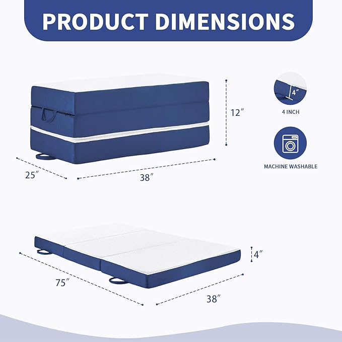 Folding Mattress Twin, 4 Inch Memory Foam Tri-Fold Floor Bed and Futon , Twin Topper with Breathable & Washable Cover, Lightweight Foldable Mattress for Guest Bed,Office Nap,Camping (38" x 75" x 4")