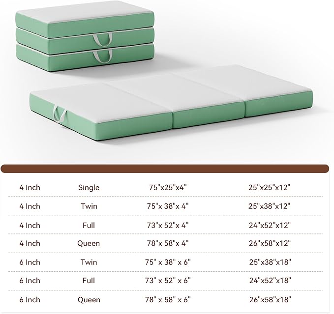 Memory Foam Trifold Mattress, Twin Portable Floor Bed 6 Inch, Foldable Mat with Washable Cover, Handle & Non-Slip Bottom, for RV, Travel, Camping, Yoga, 75"x38"x6", White Green