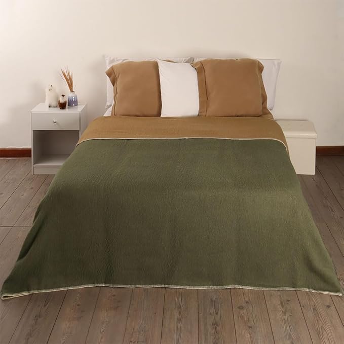 Thick Alpaca Wool Blanket Heavyweight for Camping or Indoors | Soft Peruvian Alpaca Wool (Olive Green/Soft Camel, Queen)