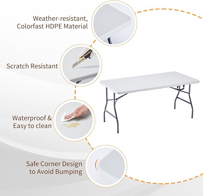 BOOSDEN 5 Foot Folding Table - Portable Plastic Fold-in-Half Utility Table With Carrying Handle for Indoor Outdoor Use - Picnic, Party, Camping, Banquet