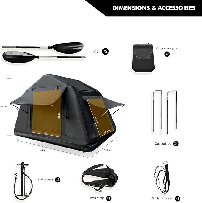 Foldable 2-3 People Amphibious Inflatable Car Roof Top Tent for Camping Outdoor Glamping Camping Tent for SUV,Truck and Universal Auto Self-Driving Touring Without Ladder
