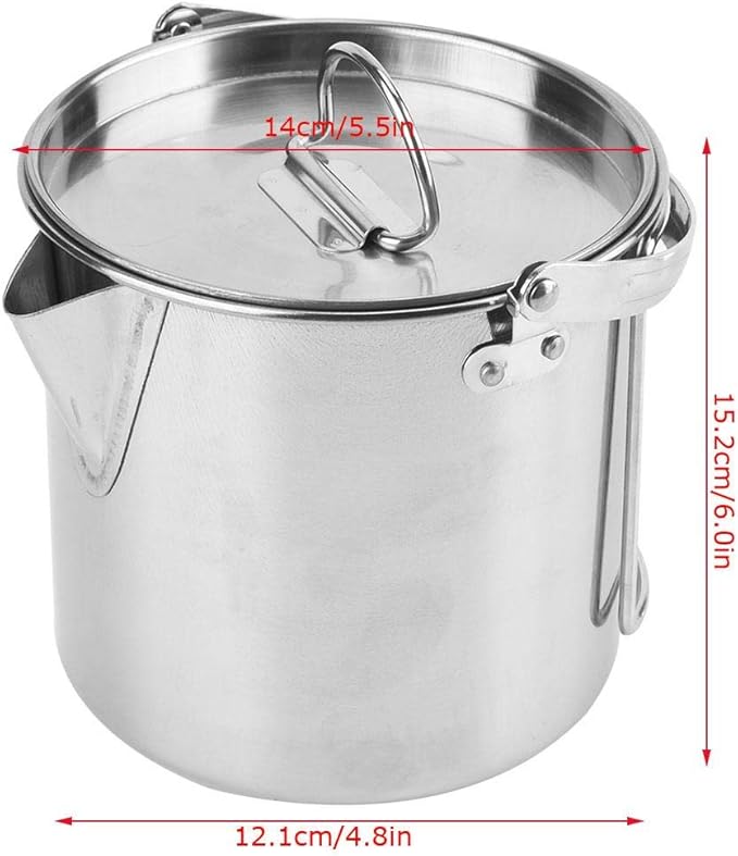 Pasamer 1.2L Camping Tea Kettle, Outdoors Camping Pot Portable Folding Hiking Pot Stainless Steel Kettle Cookware Coffee Tea Picnic Camping Pot with Lids for Hiking Backpacking Picnic, Silver
