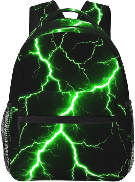 Men Women Polyester Green Lightning Art Casual Daypack Large Capacity Carry On Bag With Adjustable Shoulder Straps for Camping Work Running