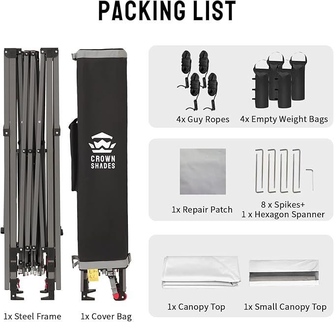 CROWN SHADES 10x10 Pop up Canopy Tent Patended Centerlock Instant Commercial Canopy with 150D Silver Coated Fabric Including 2 Extend Awnings, 4 Ropes, 8 Stakes, 4 Weight Bags, STO 'N Go Bag, White