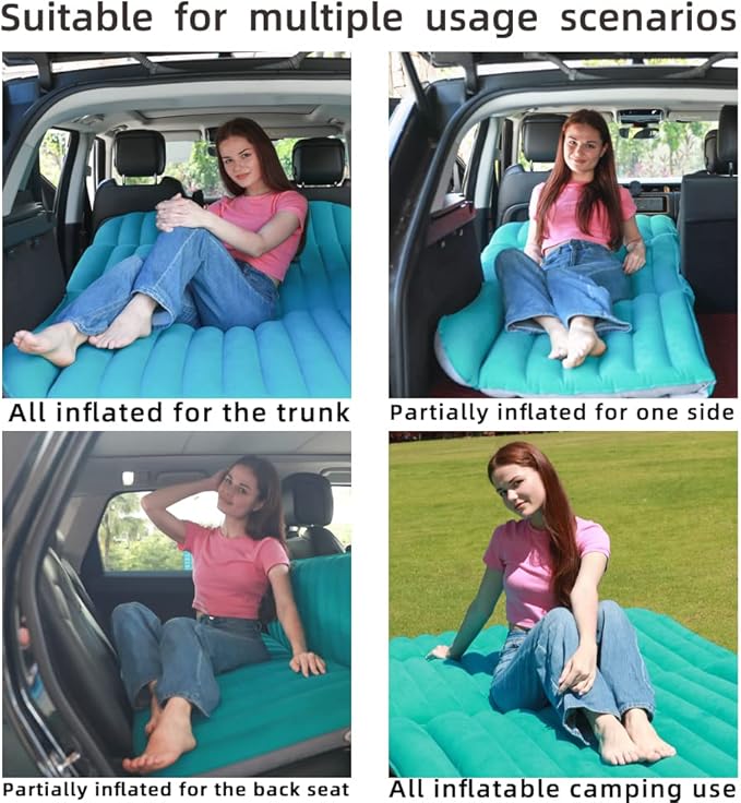 SUV Air Mattress Thickened and Double Side Flocked Travel Outdoor Mattress Back Camping Sleeping Pads for SUV Back Seat 4 Air Bags（Fruit Green and Space Gray）