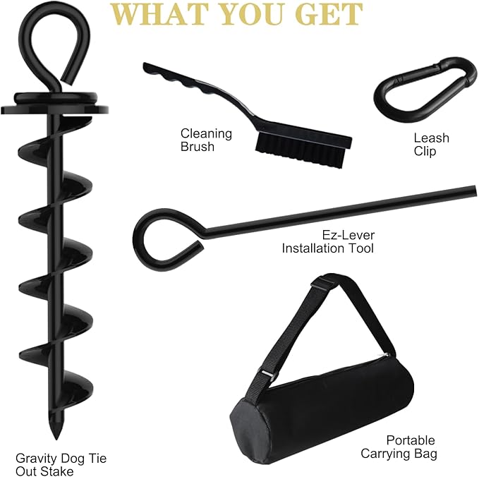Eurmax USA Heavy Duty Dog Tie Out Stake for Large Dogs up to 210 lbs,Dog Stakes for Outside,Ground Anchor for Dog Leash,Runner Cable, and Pet Gadget Dog Accessories Trampoline Stakes 1-Pack (Black)