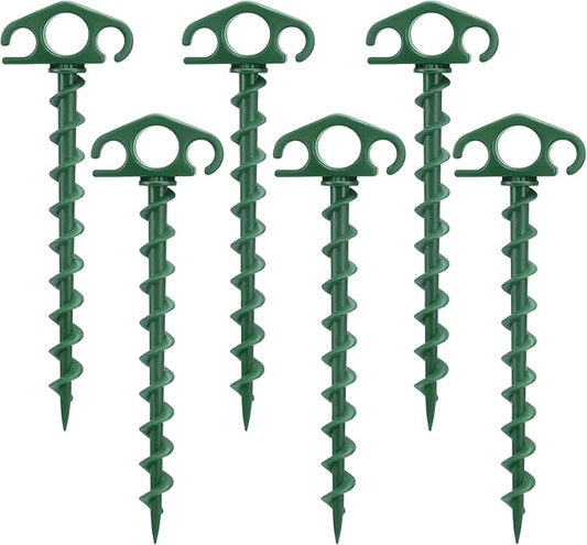 Tent Stakes Ground Anchors Screw in, 6 Pack Sand Stakes for Beach 9.4 Inch Heavy Duty Spiral Tent Pegs for Camping, Party, Hiking, Outdoor Decoration (6, Green)