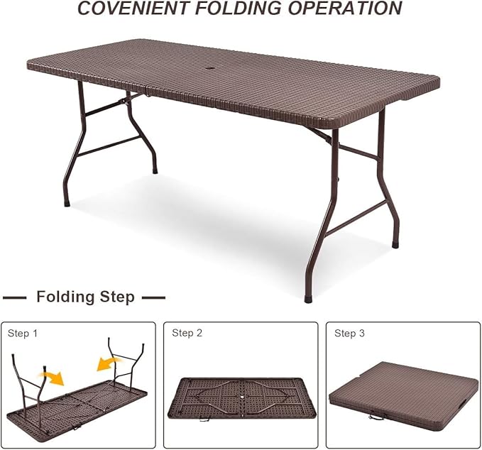 Tangkula 6Ft Rattan Folding Table, Indoor Outdoor Portable Foldable Table with 1.8 Inch Umbrella Hole, Heavy Duty Metal Frame, Carrying Handle for Camping Picnic Backyard BBQ