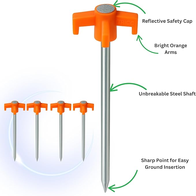 Tricc Unbreakable Heavy Duty Steel Tent/Canopy Stakes, Galvanized Non-Rust 10" Three Pegged Solid, Sturdy Stakes for Outdoor Trips, Camping, Hiking & Gardening. 4 Colors Made in The USA (Orange)