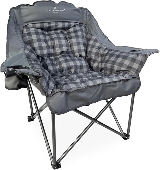 Black Sierra Oversized Camping Chair for Adults, Heavy Duty Outdoor Seat with Plush Padding, Supports 400lbs, Cup Holder & Carry Bag, Comfortable Folding Chair for Tailgating, Patio, & Sideline Events