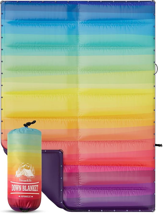 APSMILE Outdoor Down Blanket | Extra Warm & Puffy Camping Blanket | Water-Resistant, Lightweight, Packable Sleeping Quilt for Camp, Travel, Hiking, Picnic, Backpack (Rainbow HD Printed, 52"x75")