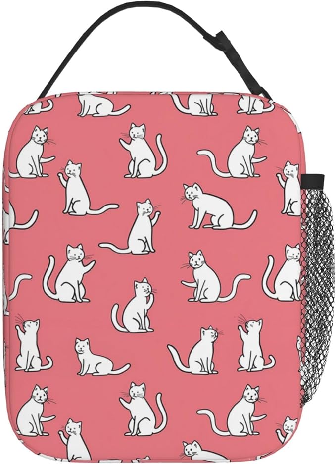Reusable White Cat Lunch Box for Kids Girls Boys Women Adult, Insulated Cute Lunch Bag,Polyester Cooler Animal Handbags Case for School Picnic Work Travel Beach or Hiking (Pink)