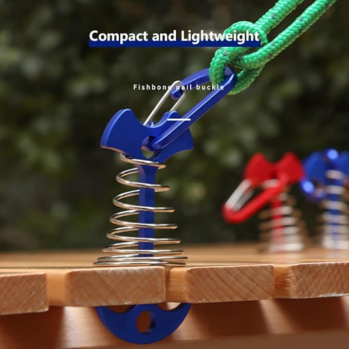 Fishbone Deck Anchor Pegs with Carabiners, Aluminium Tent Stakes with Spring Buckle, Windproof for Outdoor Camping Hiking (10Pcs Blue)