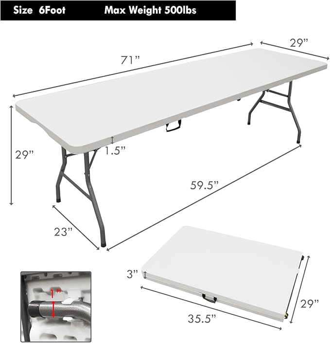 6ft Table, Foldable Table with Foldable, Easy to Carry, for Family Gatherings, Outdoor Gatherings, Indoor