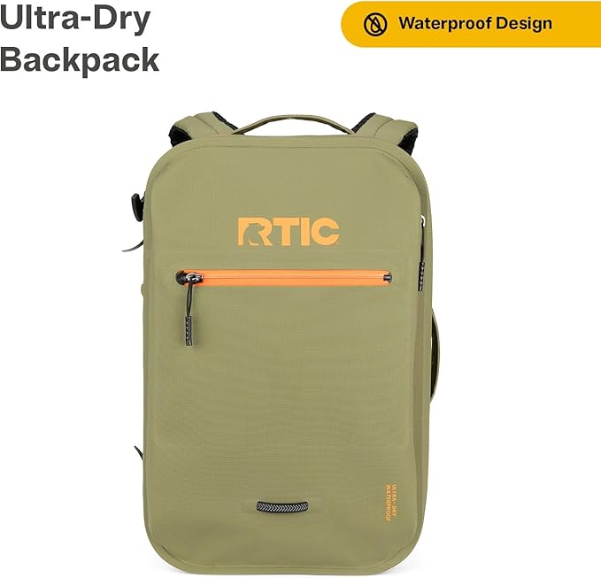 RTIC Ultra Dry Backpack, Waterproof Outdoor Floating Bags for Hiking, Travel, Camping, Boating, Backpacking, 26L, Olive & Orange