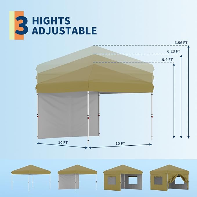 10x10 Pop Up Canopy Tent Outdoor Canopy with 1 Removable Sidewall One-Person Set Up Heavy Duty Commercial Instant Tent Shelter-Khaki
