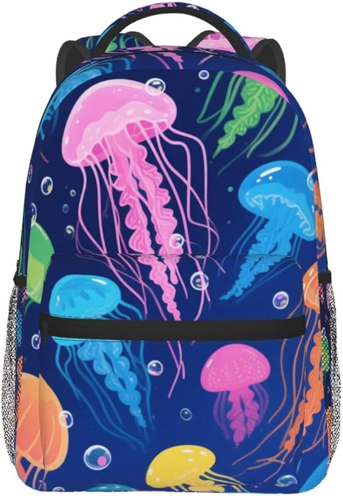 Men Women Polyester Cool Corlorful Jellyfish Pattern Daypack Backpack Large Capacity Carry On Bag With Smooth Zippers for Hiking Picnic Walking Cycling