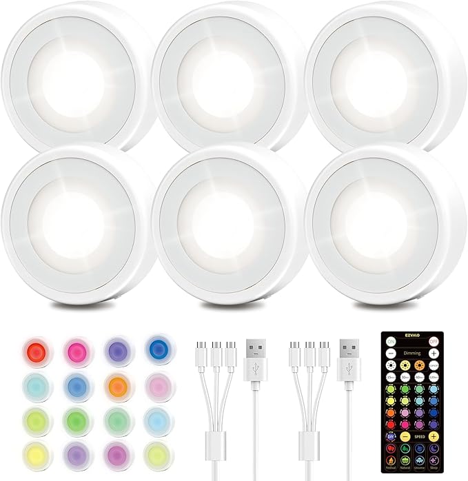 EZVALO LED Puck Lights, 6 Pack Rechargeable 3 Color & 16 RGB Battery Touch Light, 2.5'' Mini Tap Lights, Wireless Closet Light, Under Cabinet Lighting, Sitck On Lights for Kitchen,Pantry,Shelves