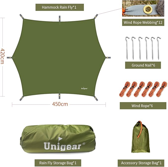 Unigear Hexagon Hammock Rain Fly,15x14FT/12x10FT Multifunctional Waterproof Camping Tarp,Lightweight and Compact Tent Tarp for Backpacking, Hiking, Traveling