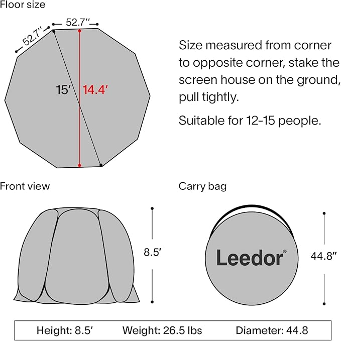 LEEDOR Pop Up Screen House, 6-10-15 Person Outdoor Screen Tent，Camping Screen Room with Carry Bag, Screened Gazebo with Mosquito Netting, Instant UV Resistant Sun Shelter for Garden, Patio, Backyard