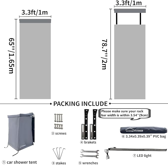 DANCHEL OUTDOOR Car Awning Shower Room with Roof, 3.3ftx3.3ft Privacy Shower Enclosure Portable Changing Room Camping w/LED Light (Gray)