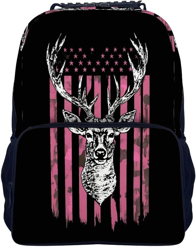 Polyester Daypack for Hiking Work Running, Big Capacity Anti-Theft Multipurpose Shoulder Bag, American Flag Camo Deer Hunting Pink Camouflage Travel and Sport Backpack Rucksack