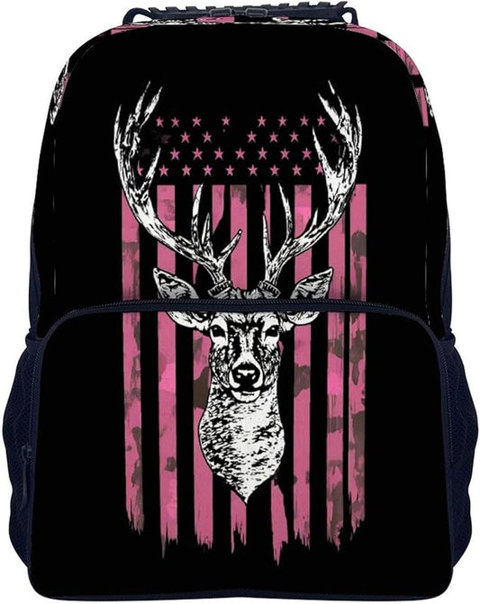Polyester Daypack for Hiking Work Running, Big Capacity Anti-Theft Multipurpose Shoulder Bag, American Flag Camo Deer Hunting Pink Camouflage Travel and Sport Backpack Rucksack