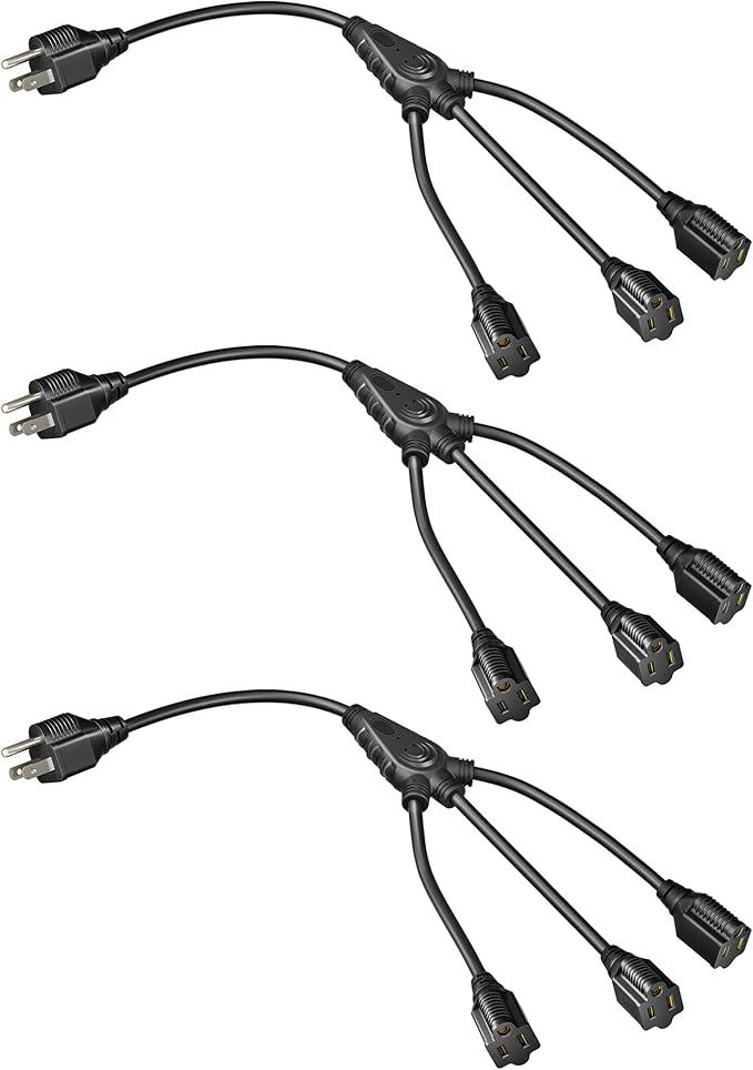 DEWENWILS Extension Cord Splitter 1 to 3, 18 Inch 16/3 Heavy Duty SJTW Wire, 3 Prong Outdoor Power Splitter for Halloween Decor Christmas Lights, ETL Listed, Black, Pack of 3…