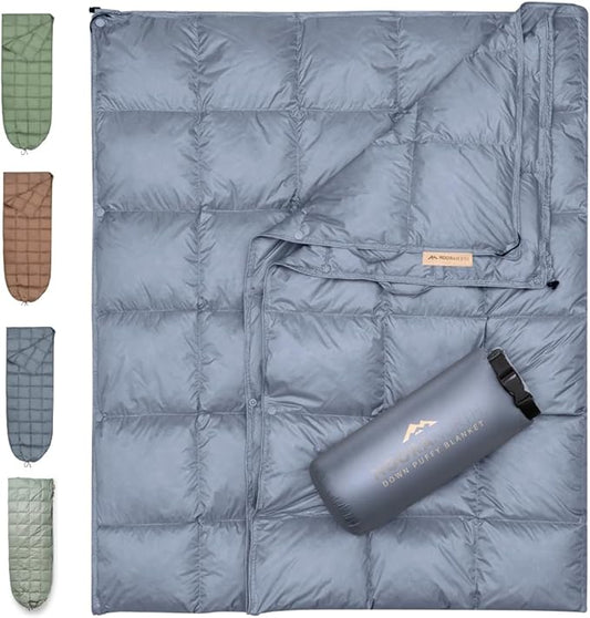 Down Camping Blanket with Footbox – Lightweight, Packable, Water Resistant Backpacking Quilt & Warm Puffy Compact Outdoor Throw – 52x77 with Stuff Sack for Stadium, Hiking & Travel