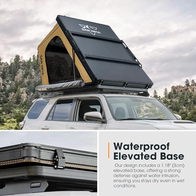 Sanhima Rooftop Tent Hard Shell - Hotham Lite Overland Aluminium Roof Top Tent 4.56" Slimline, w/Tri-Color LED Strip Light & 1.97” Thick Mattress, for Car SUV Truck Camping, 2-3 People