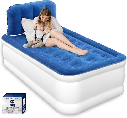 Twin Air Mattress with Headboard, Built-in Pump, 19" Raised Comfort, 48-Hour Leak-Tested Durable PVC, Quiet Design, 2.5 Min Quick Inflation & Headboard, Blow Up Bed for Home and Guests , 600 lbs Max