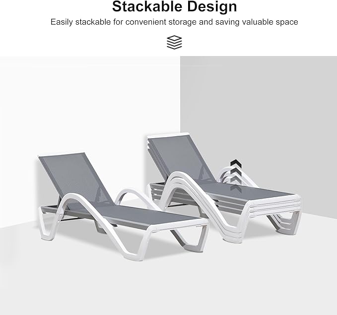 PURPLE LEAF Patio Chaise Lounge Chair Outdoor Plastic Textilene Sun Bathing Recliner Tanning Pool Lounger with 6 Adjustable Position for Outside Beach in-Pool Lawn Poolside, Gray