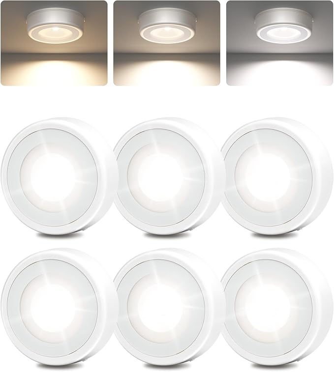 EZVALO LED Puck Lights, Rechargeable Sitck On Tap Lights, Wireless Closet Light, 3 Color Temps, Under Cabinet Lights, 2.5'' Mini Touch Light, Ideal for Kitchen,Closet,Pantry,Shelves,Camper(6 Pack)