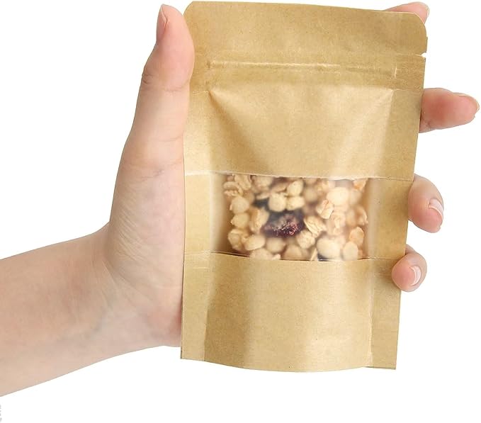 Blisstime Stand Up Pouches, 50 Pack Kraft Paper Bags with Matte Window and Tear Notch Resealable Bags for Small Business Home Use (2.5 x 4.3 Inches)