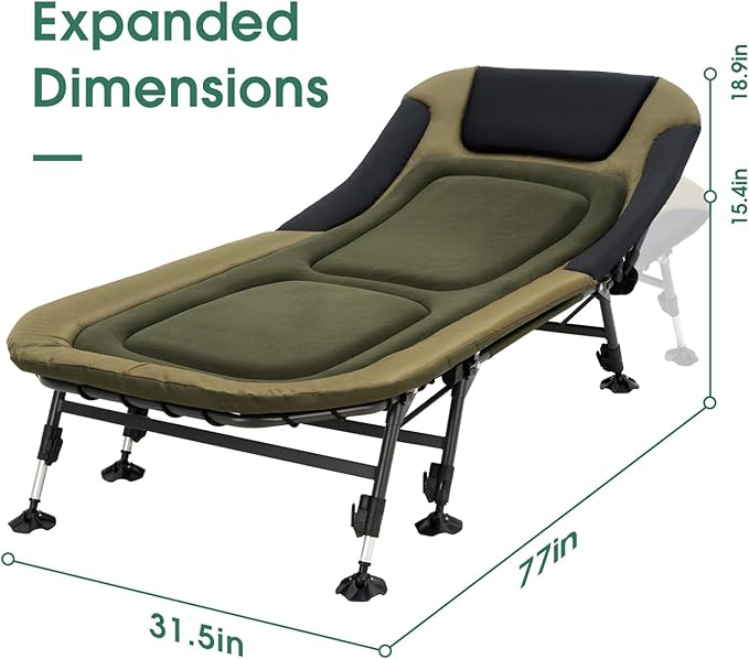 XL Folding Camping Cot with Mattress for Adults, Oversized Camping Bed with Carry Bag, 180° Adjustable Recliner, Portable Outdoor Lounger for Camping, Hiking, Outdoor, Green