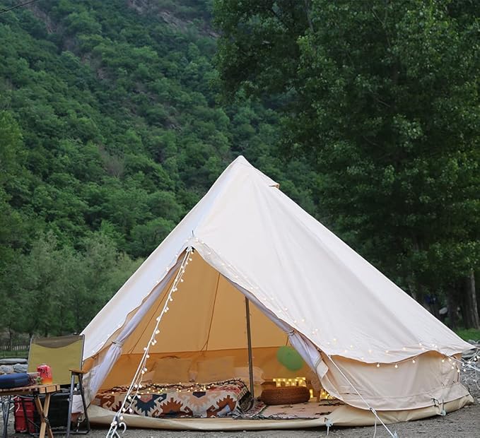 4 Season Waterproof Large Family Camping Cotton Canvas Bell Tent Beige Glamping Tent with Roof Stove Jack Hole and Electric Cable Hole (Diameter: 7M-22.97ft)