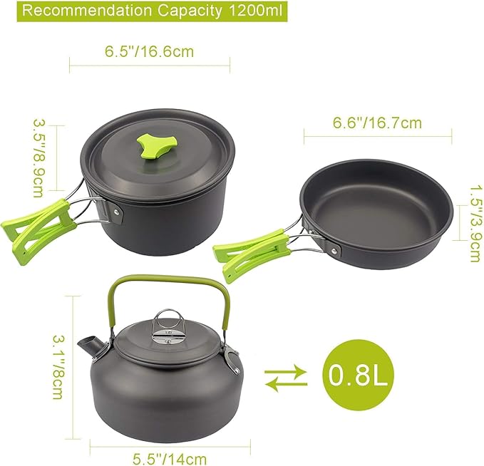 Peidesi Camping Cookware Mess Kit, Portable Camp Stove Pots and Pans Set, Carabiner, Folding Knife, Fork Spoon Kit, Carry Mesh Bag,Teapot for Backpacking, Outdoor Camping, Hiking and Picnic（16Pcs）