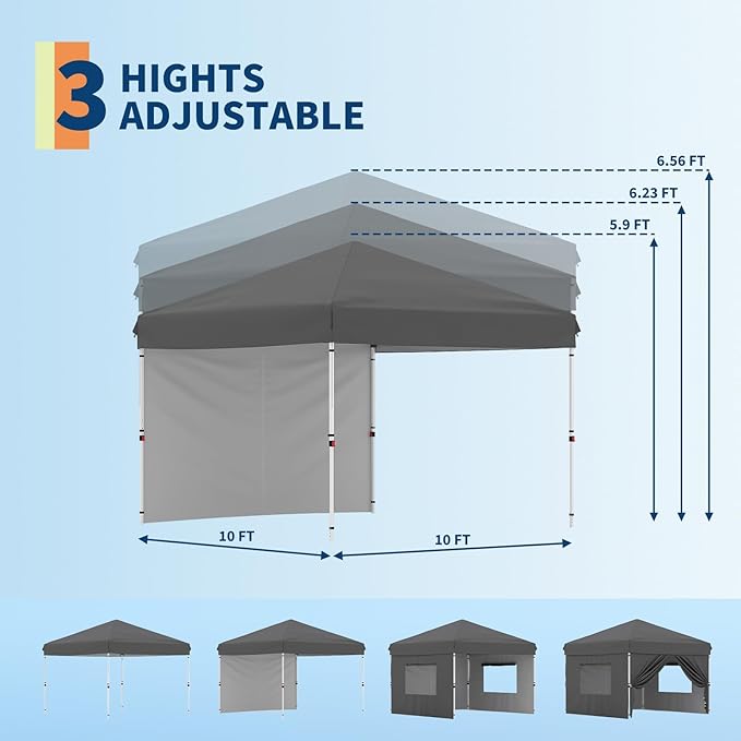 10x10 Pop Up Canopy Tent with 1 Removable Sidewall, Heavy Duty Commercial Instant Shelter with One-Person Setup, UPF 50+ Waterproof, 100 Sq Ft Shade for Outdoor Events, Camping, Farmers 1-Sidewall