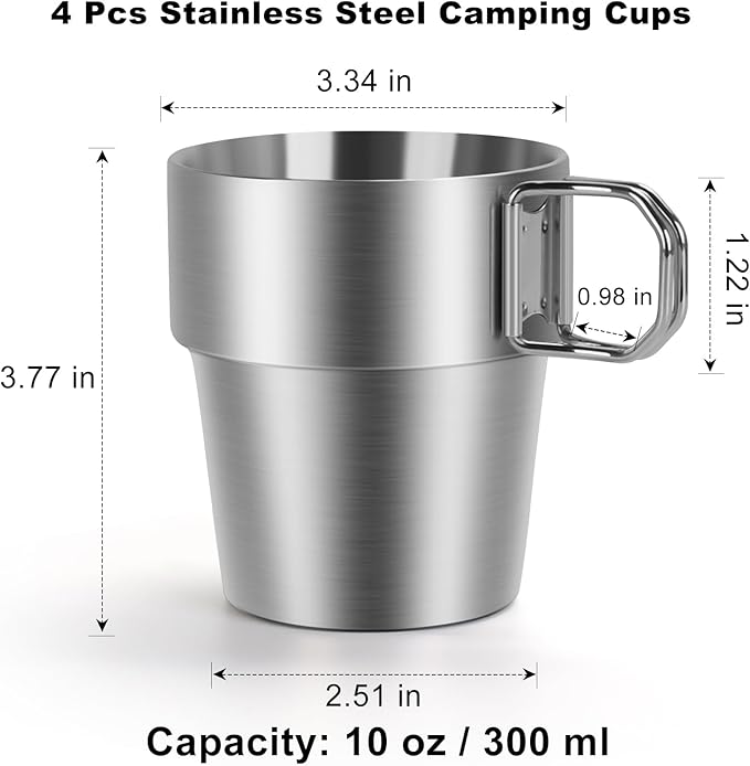 4-Pack Stainless Steel Camping Cups with Foldable Handle, 10 oz Camping Coffee Mugs with Double Wall Design, Ideal for Outdoor Activities, Travel, and Home Use