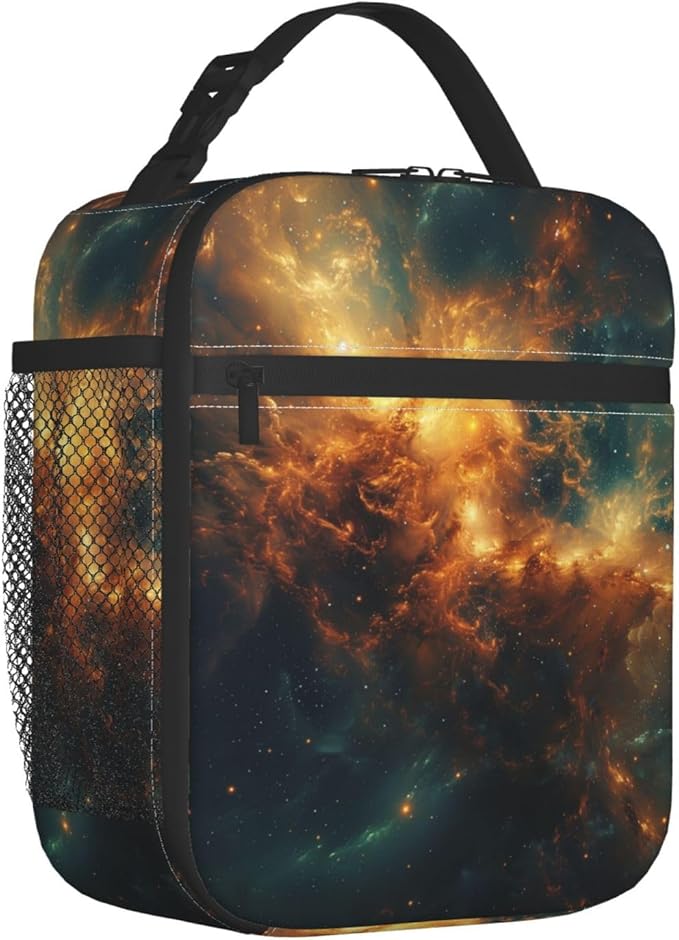 Galaxy Lunch Box for Kids Aldults, Cosmic Space Reusable Thermal Insulation Cooler Tote Bags, Golden Nebula Star Field Pattern Insulated Bag for Student, School Picnic Camping Travel, Gifts