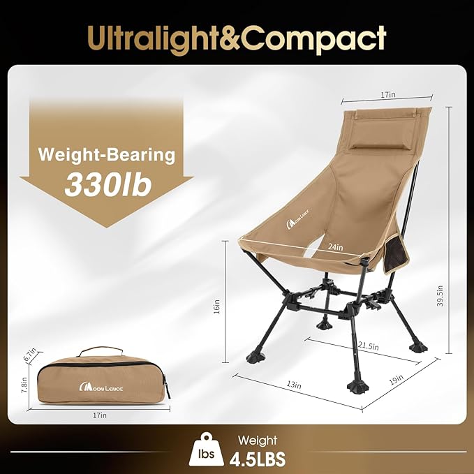 MOON LENCE High Back Folding Camping Chairs, Adjustable Height Beach Chair with Anti-Sinking Feet & Widened Seat (Khaki)