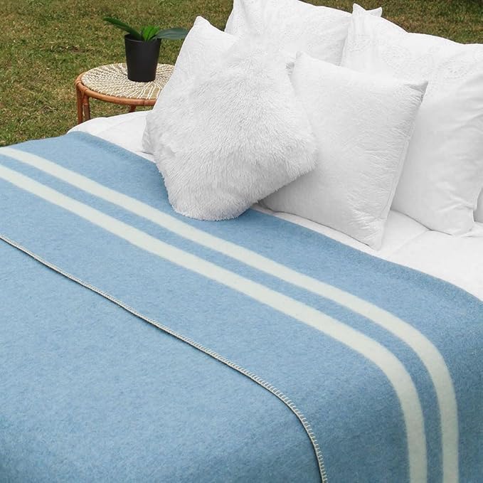 Thick Alpaca Wool Blanket Heavyweight for Camping Outdoors or Using Indoors | Soft Peruvian Alpaca Wool Blankets (Soft Blue - Ivory Stripes 2, Queen)